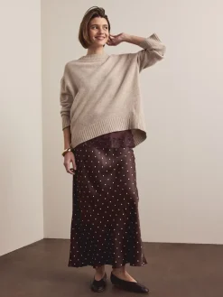 Next Satin Midi Skirt Chocolate Brown/Cream Polka Dot Outlet