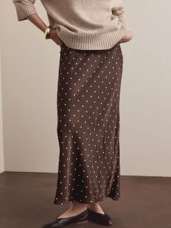 Next Satin Midi Skirt Chocolate Brown/Cream Polka Dot Outlet