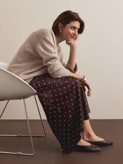 Next Satin Midi Skirt Chocolate Brown/Cream Polka Dot Outlet
