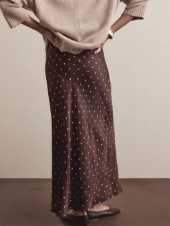 Next Satin Midi Skirt Chocolate Brown/Cream Polka Dot Outlet
