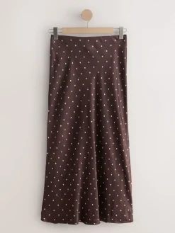 Next Satin Midi Skirt Chocolate Brown/Cream Polka Dot Outlet