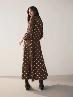 Next Printed Long Sleeve Shirt Dress Chocolate Brown/Ecru Polka Dot New