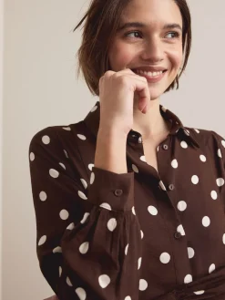 Next Long Sleeve Midi Shirt Dress Chocolate Brown/Ecru Polka Dot Outlet