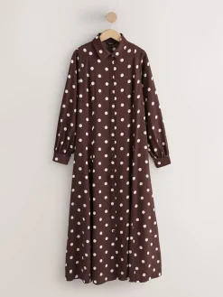 Next Long Sleeve Midi Shirt Dress Chocolate Brown/Ecru Polka Dot Outlet