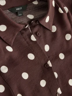 Next Long Sleeve Midi Shirt Dress Chocolate Brown/Ecru Polka Dot Outlet
