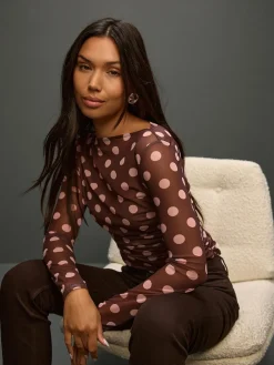 Next Chocolate Brown/Pink Polka Dot Long Sleeve Ruched Side Mesh Top Best