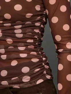 Next Chocolate Brown/Pink Polka Dot Long Sleeve Ruched Side Mesh Top Best