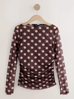 Next Chocolate Brown/Pink Polka Dot Long Sleeve Ruched Side Mesh Top Best