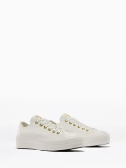 Converse White/Gold Chuck Taylor All Star Lift Mono Leather Low Trainers Hot