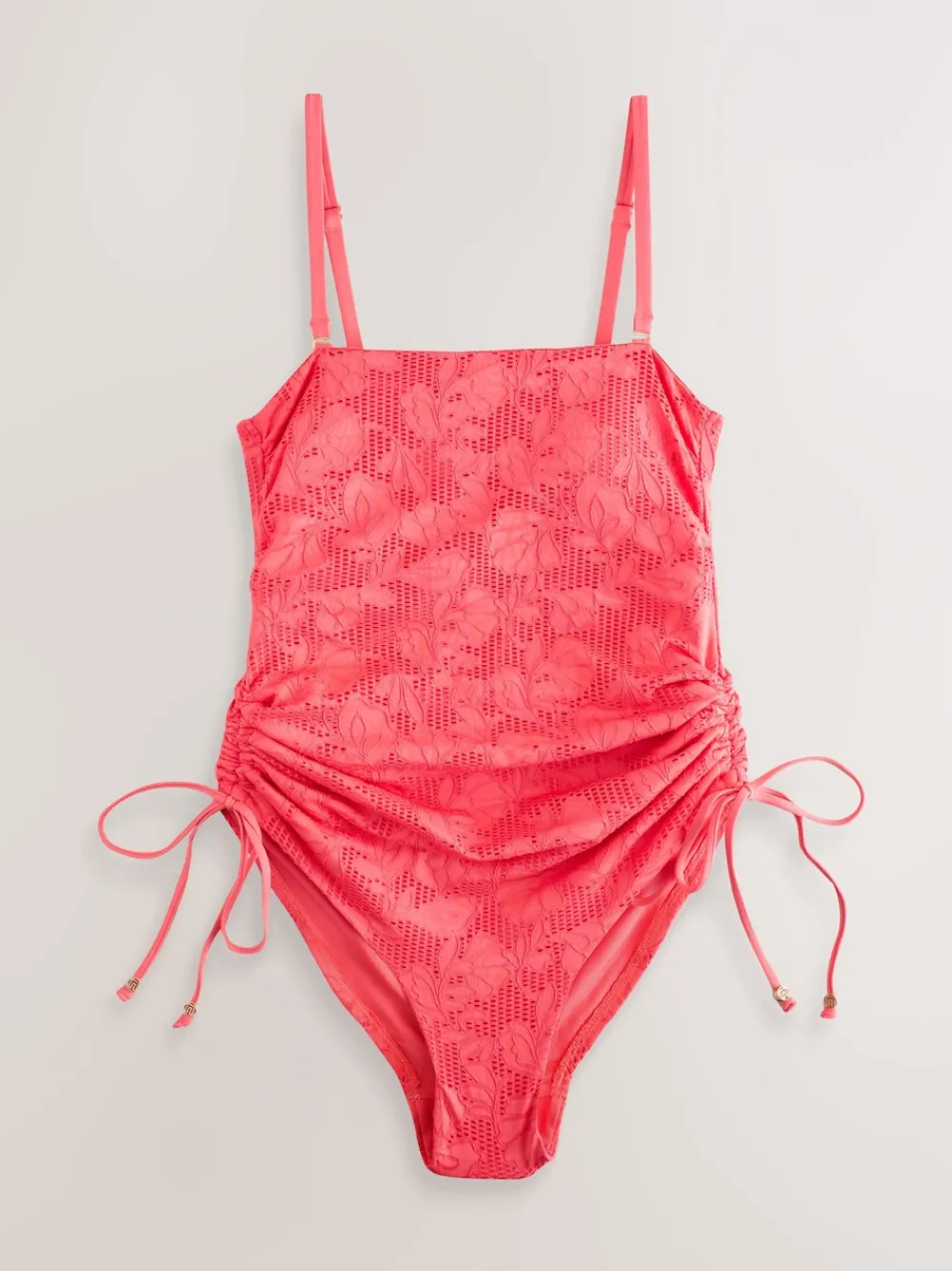 Next Coral Pink Lace Bandeau Ruched Leg Tummy Control Shaping Swimsuit Online