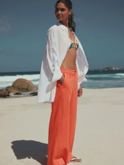 Next Smart Front Linen Blend Wide Leg Trousers Coral Pink Sale