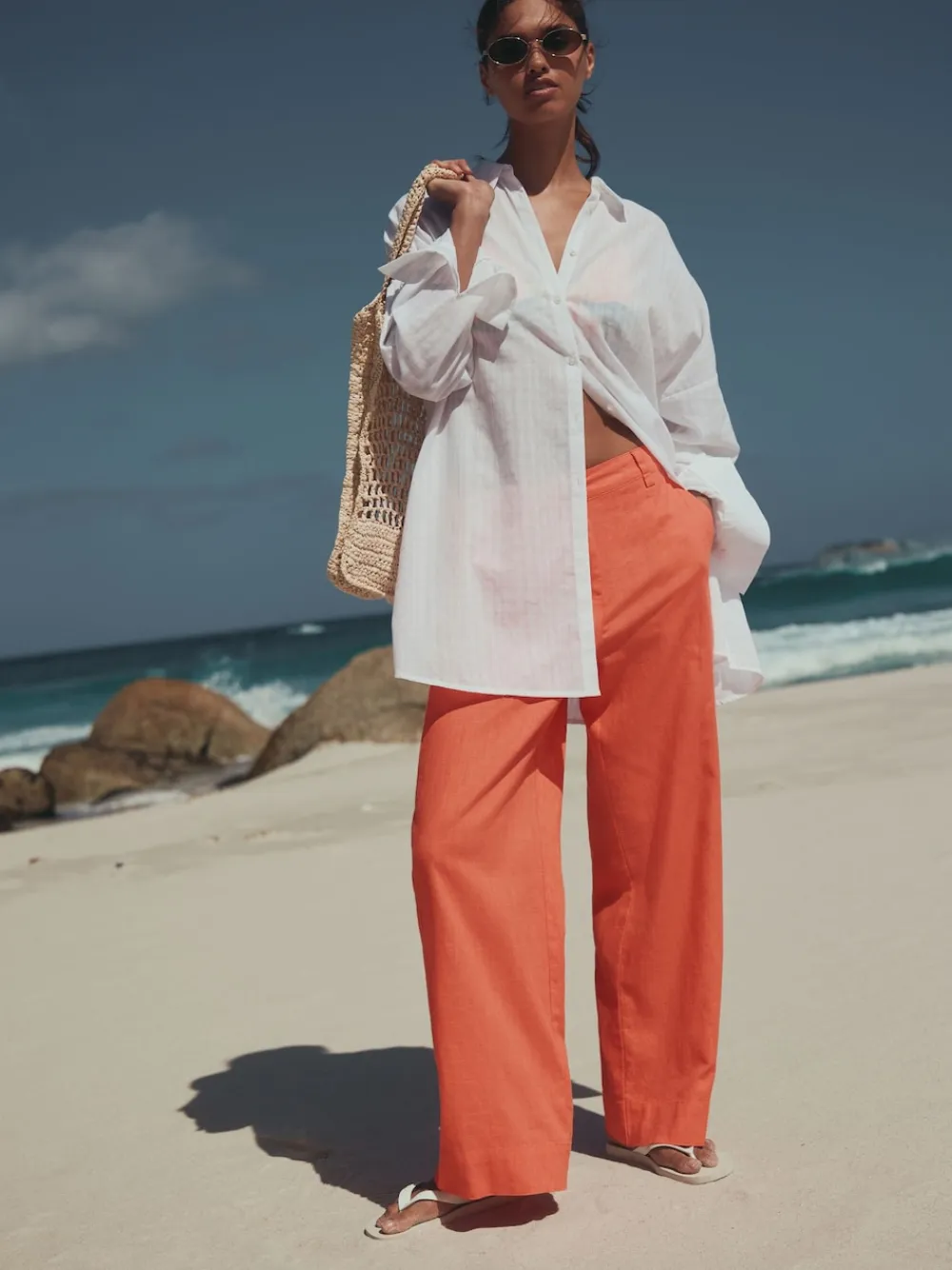 Next Smart Front Linen Blend Wide Leg Trousers Coral Pink Sale