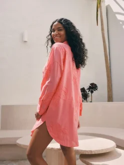 Next Textured Cornelli Cover-Up Shirt Coral Pink Outlet