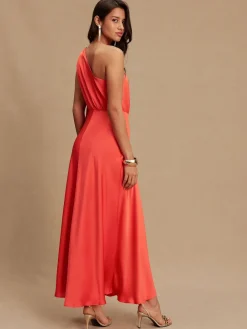 Next Textured Satin Scarf Neck Midi Dress Coral Pink