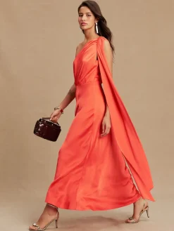 Next Textured Satin Scarf Neck Midi Dress Coral Pink