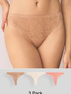 Next Thong All-Over Lace No VPL Knickers 3 Pack Coral Pink Clearance
