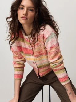 Next Spacedye Knitted Crew Neck Cardigan Coral Pink/Orange New