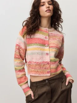 Next Spacedye Knitted Crew Neck Cardigan Coral Pink/Orange New