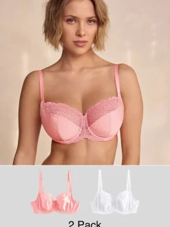 Next Coral/Ecru 2 Pack DD+ Non Pad Wired Full Cup Microfibre Lace Bra New