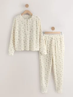 Next Cream Floral Cosy Waffle Long Sleeve Pyjamas Outlet