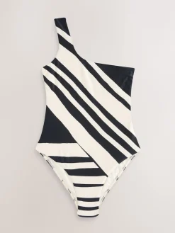 Next Cream/Black Stripe One Shoulder Tummy Control Swimsuit Clearance