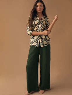 Next Lyocell Blend Collared V-Neck Shirt Cream/Green Geometric Print New