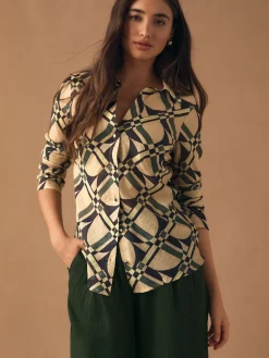 Next Lyocell Blend Collared V-Neck Shirt Cream/Green Geometric Print New