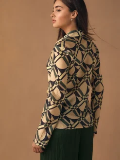 Next Lyocell Blend Collared V-Neck Shirt Cream/Green Geometric Print New