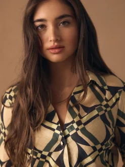 Next Lyocell Blend Collared V-Neck Shirt Cream/Green Geometric Print New