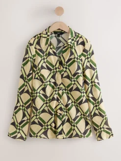 Next Lyocell Blend Collared V-Neck Shirt Cream/Green Geometric Print New