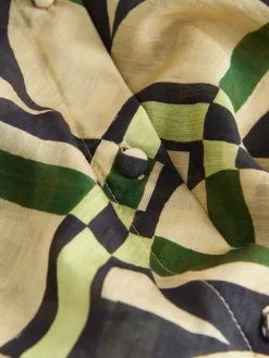 Next Lyocell Blend Collared V-Neck Shirt Cream/Green Geometric Print New