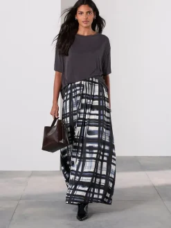 Next Satin Pleated Maxi Skirt Cream/Navy Check Sale