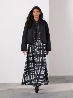 Next Satin Pleated Maxi Skirt Cream/Navy Check Sale