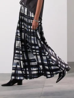 Next Satin Pleated Maxi Skirt Cream/Navy Check Sale