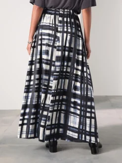 Next Satin Pleated Maxi Skirt Cream/Navy Check Sale