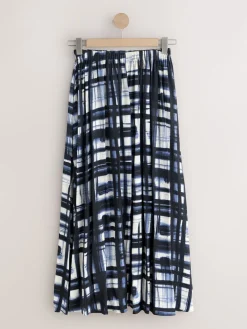 Next Satin Pleated Maxi Skirt Cream/Navy Check Sale