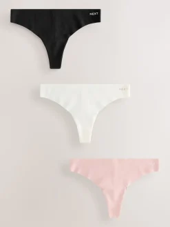 Next Thong Cotton Rich No VPL Knickers 3 Pack Cream/Pink/Black Outlet