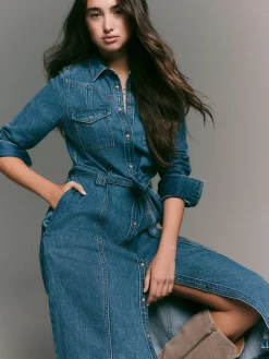 Next Denim Midi Shirt Dress Dark Blue Clearance