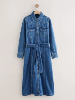 Next Denim Midi Shirt Dress Dark Blue Clearance