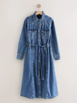Next Fuller Bust Denim Midi Shirt Dress Dark Blue Discount