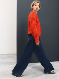 Next Pintuck Wide Leg Denim Joggers Dark Blue Sale