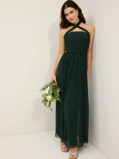 Next Dark Green Mesh Multiway Wedding Guest Bridesmaid Maxi Dress Outlet