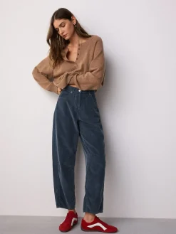 Next Cord Barrel Leg Trousers Denim Blue New