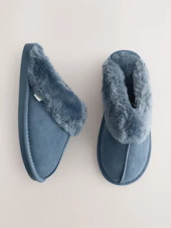 Next Denim Blue Faux Fur Lined Suede Mule Slippers Clearance