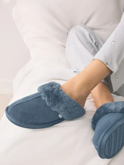 Next Denim Blue Faux Fur Lined Suede Mule Slippers Clearance