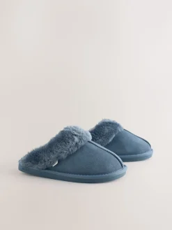 Next Denim Blue Faux Fur Lined Suede Mule Slippers Clearance