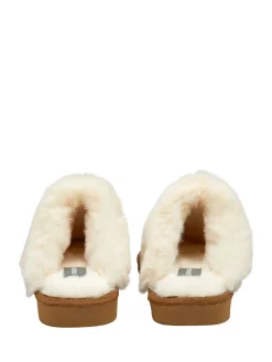 Dunlop Faux Suede Mule Slippers Fur Collar Brown Clearance