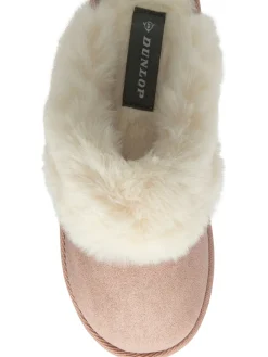 Dunlop Faux Suede Mule Slippers Fur Collar Pink Sale