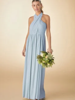 Next Dusky Blue Mesh Multiway Wedding Guest Bridesmaid Maxi Dress Outlet