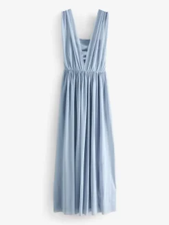 Next Dusky Blue Mesh Multiway Wedding Guest Bridesmaid Maxi Dress Outlet